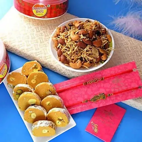 2 Antique Bro Rakhis & Dry Fruit Dalmoth Hamper - Combo
