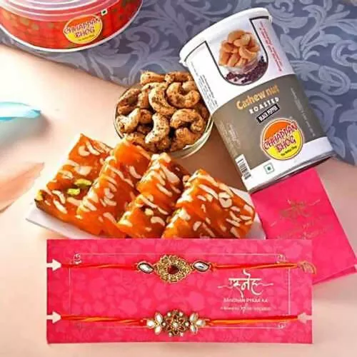 2 Designer Kundan Rakhis & Karachi Halwa Hamper Combo - Combo