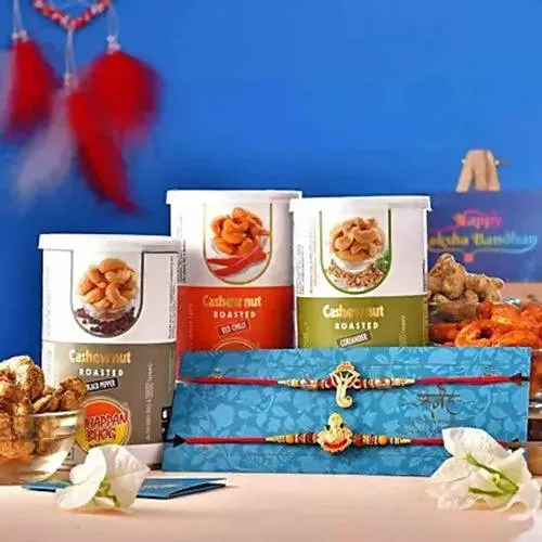2 Ganesha Gajmukh Rakhi & Assorted Cashew - Combo
