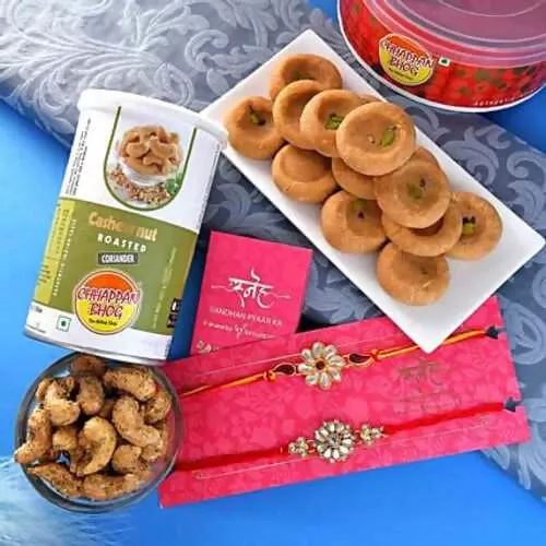 2 Kundan Flower Rakhis & Mathura Peda Hamper Combo - Combo