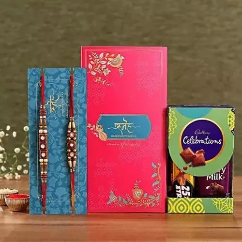 2 Stone Work Rakhis and Cadbury Celebrations Box - Combo Pack