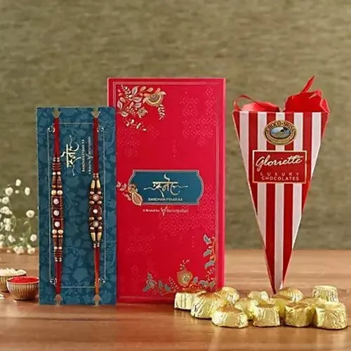 2 Stone Work Rakhis and Choco Swiss Gloriette Luxury Box - Combo Pack