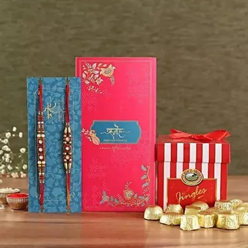 2 Stone Work Rakhis and Choco Swiss Jingles Box - Combo Pack