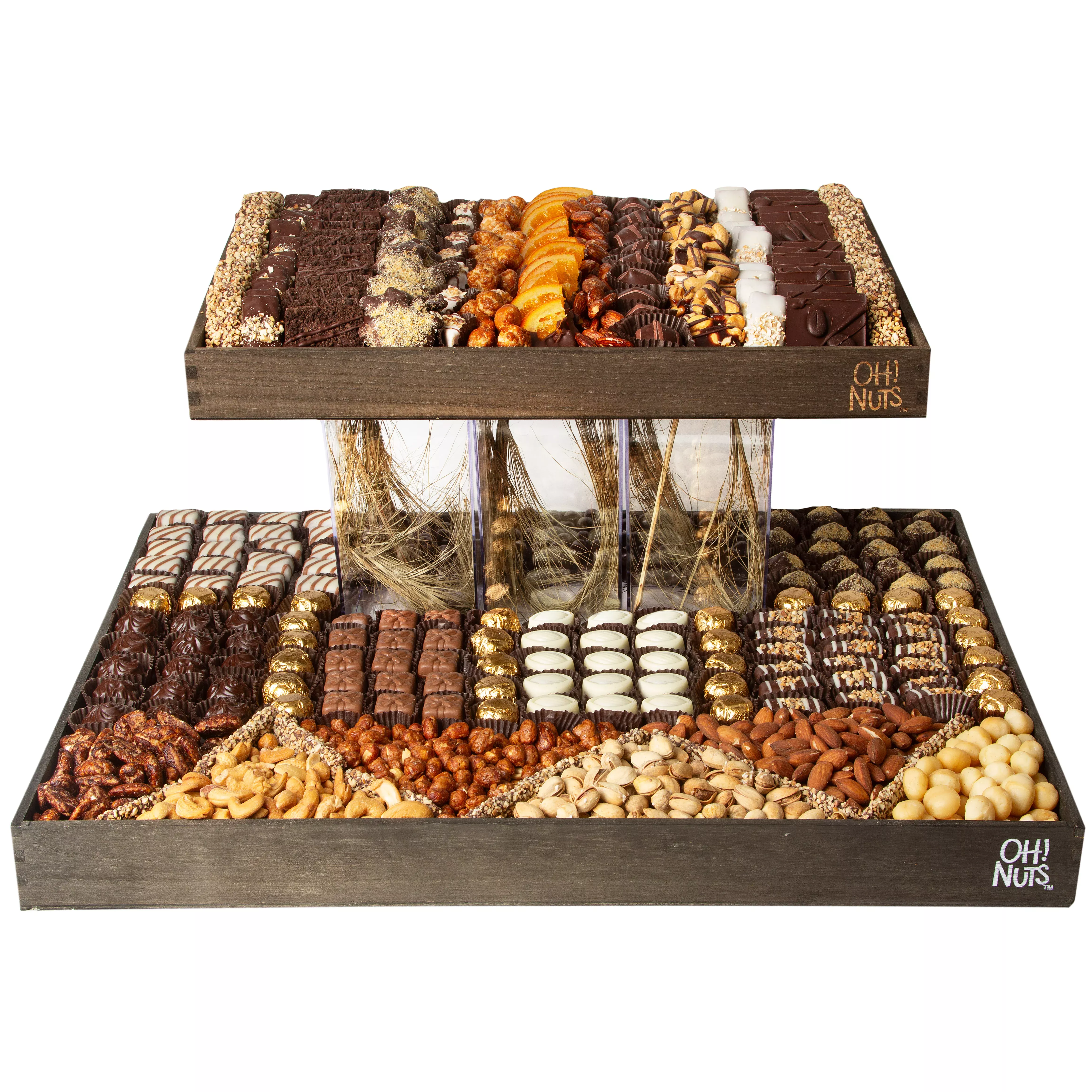 2-Tier Nuts & Chocolate Wood Tray Gift Basket