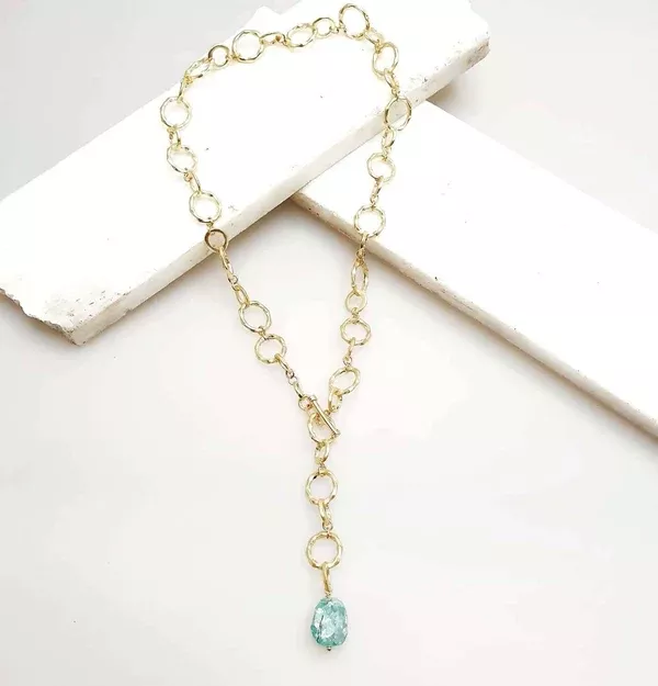 Bling Accessories Aqua Natural Stone Link T Bar Necklace