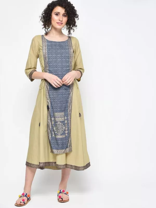 Cheera Hand Block Print Khaki Color Straight Kurta - S