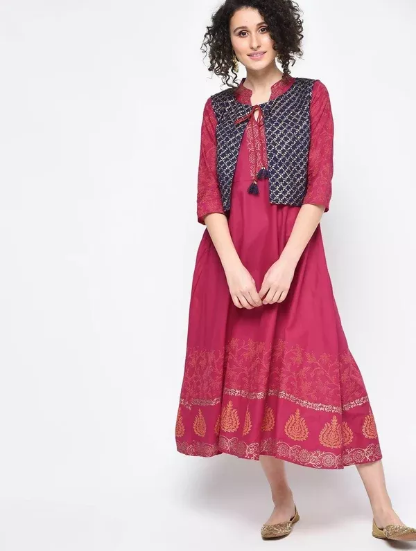 Cheera Hand Block Print Maroon Trendy Anarkali Kurta - S