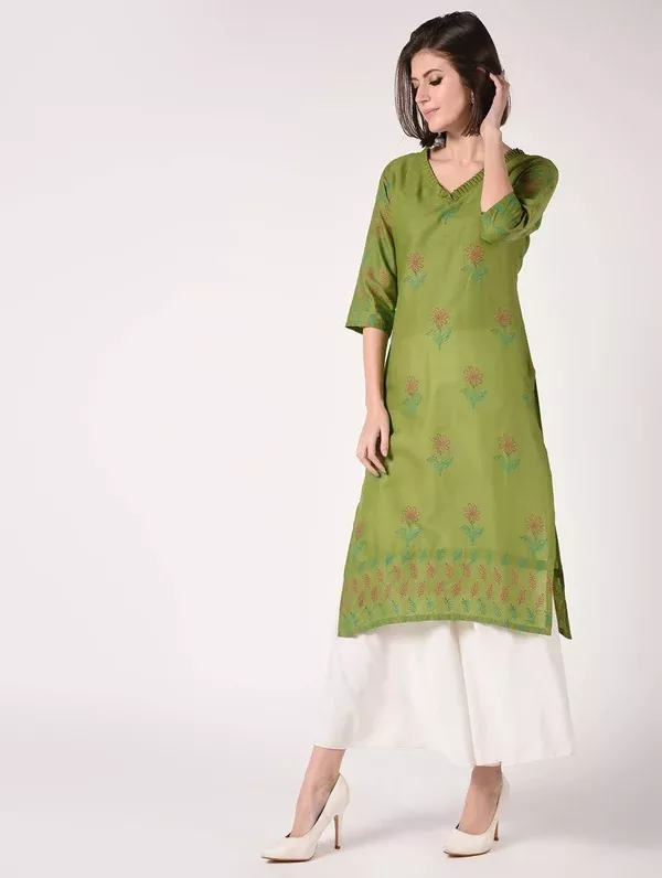 Cheera Hand Block Print Olive green Latest Straight Kurta - S