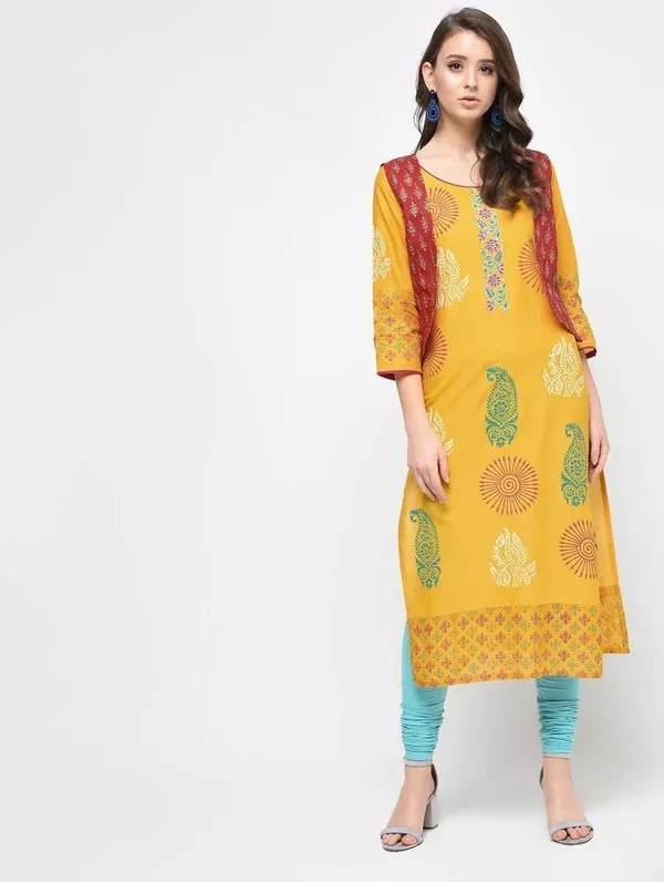 Cheera Hand Block Print Yellow Straight Kurta - S