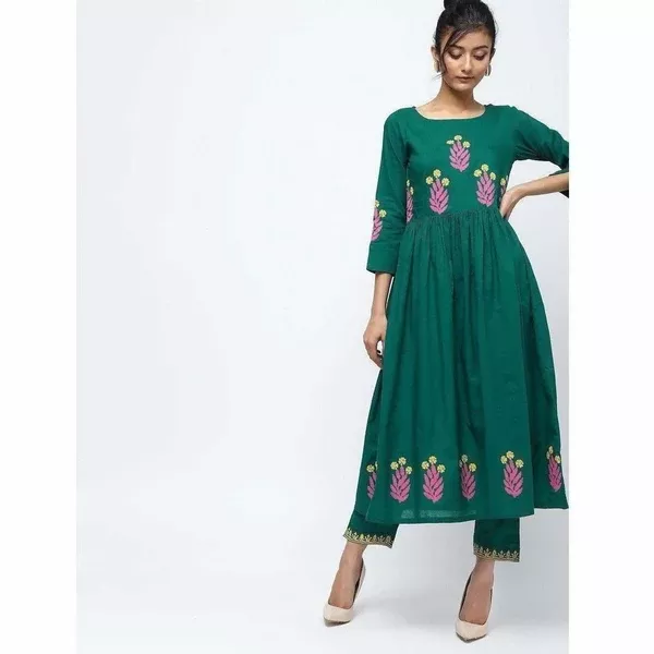Cheera Pintuck A-Line Block Print Kurta With Border Design Straight Plazo Pant - S