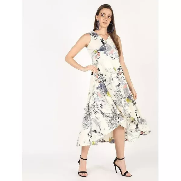 Cheera White Colour Flowral Printed Flair Party Dress - S