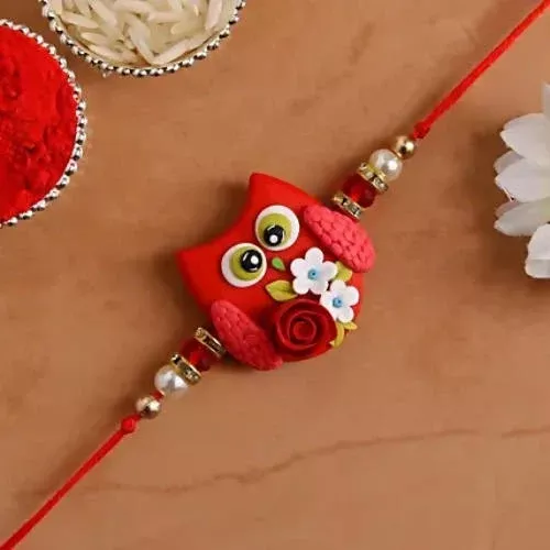 Cute Owl Polymer Clay Rakhi & Silk Chocolates - Combo Pack