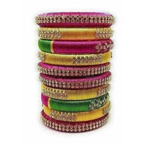 Handmade Silk Thread Colour Combination with Bangle Pink, Yellow & Green - 2.6