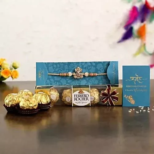Holy Ganesha Rakhi & 4 Pcs Ferrero Rocher - Combo Pack