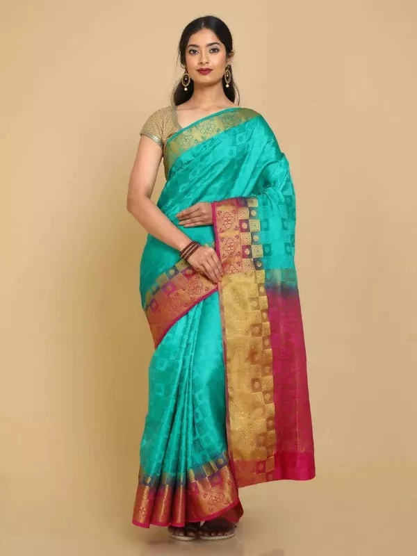 Kalamandir Checked Green Pashmina Saree