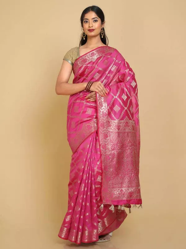 Kalamandir Checked Pink Silk Blend Saree