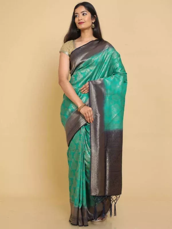 Kalamandir Ethnic Motifs Teal Silk Blend Saree