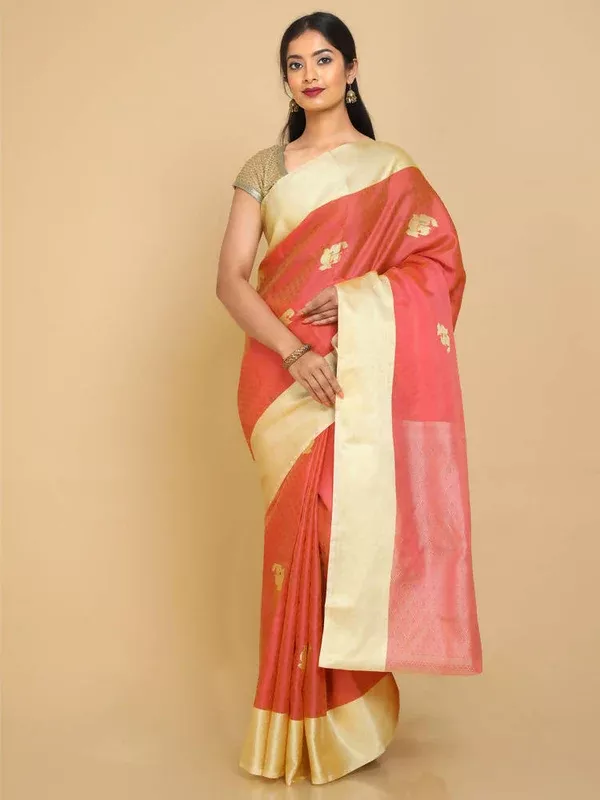 Kalamandir Floral Peach Silk Blend Saree