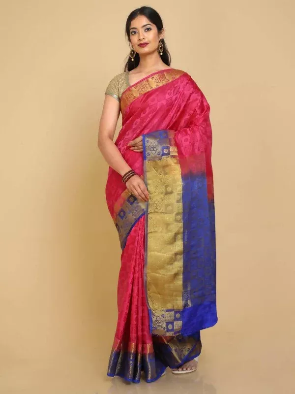 Kalamandir Self Checked Pink Pashmina Saree