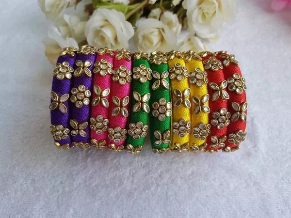 Multi Color New Model Silk Threaded Stone Bangles Sets - 2 - 4