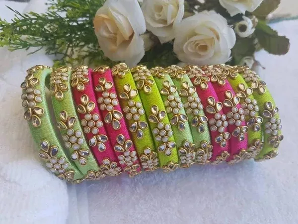 Multi colors Silk Threaded Pearl Stone Bangles Sets - 2-4