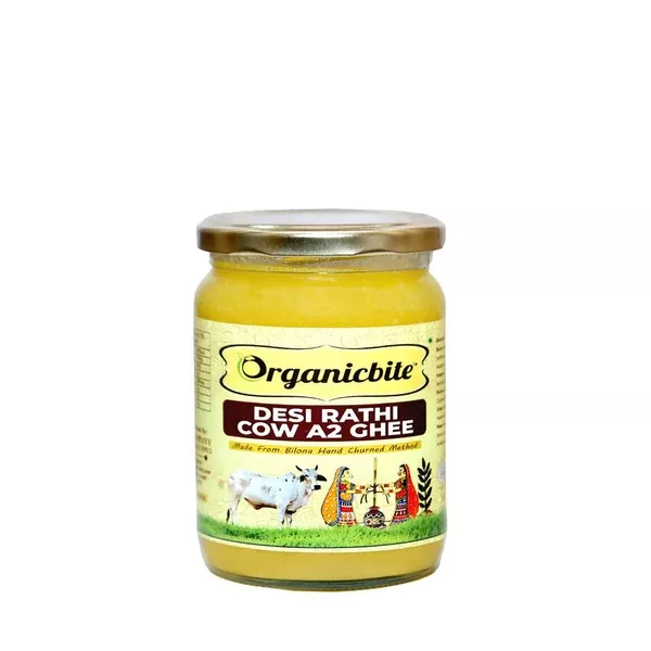 Organicbite Desi Rathi Cow A2 Ghee | Vedic Bilona Method, Curd-Churned Excellence in Grass-Fed Rathi Cow Ghee,Pure & Healthy, Packed in Glass Jar - 500 ml