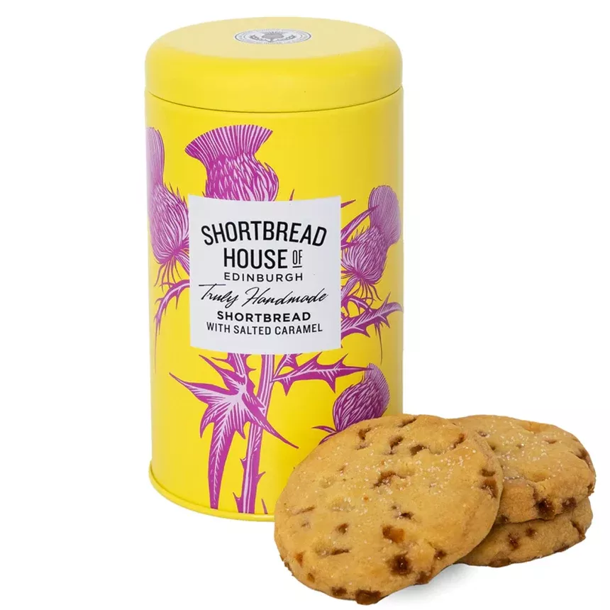 Salted Caramel Shortbread in Yellow Round Thistle Tin
