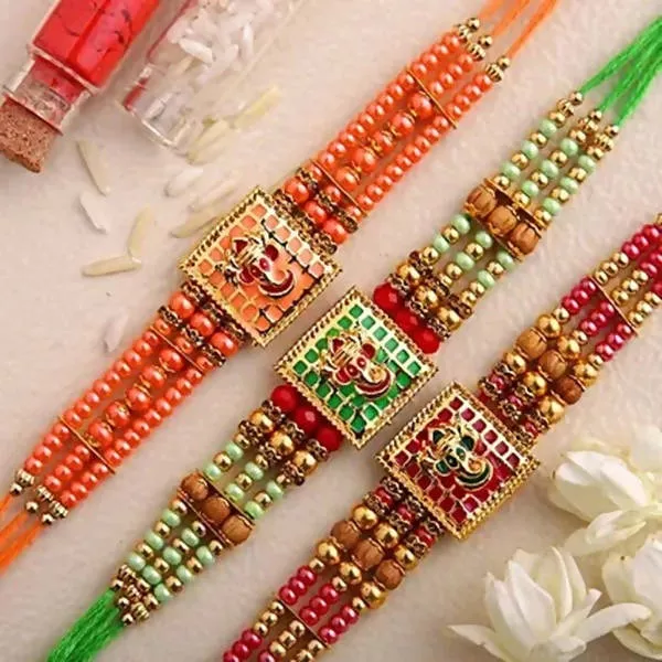 Set of 3 Meenakari Rakhi and Kaju Katli Box - Combo Pack