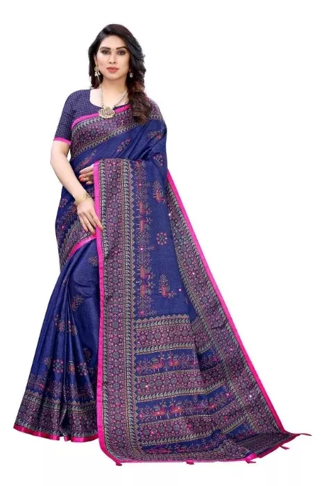 Vamika Navy Mirror Work With Jhalar Khadi Silk Saree (AASHI NAVY)