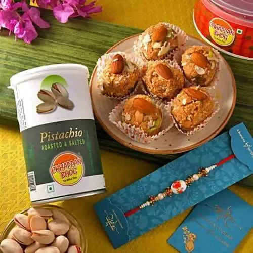 White Pearl Beads Rakhi & Laddu Hamper Combo - Combo