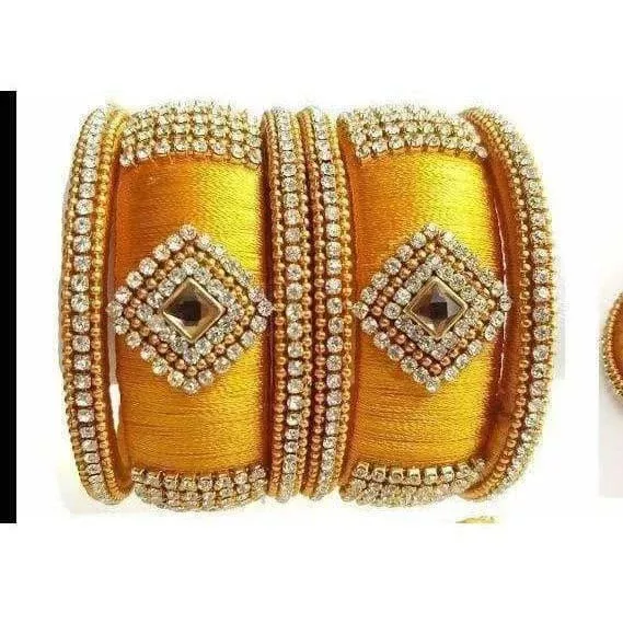Yellow Color Silk Threaded with Diamond shape White Stone Bangles - 2.4 INCHES