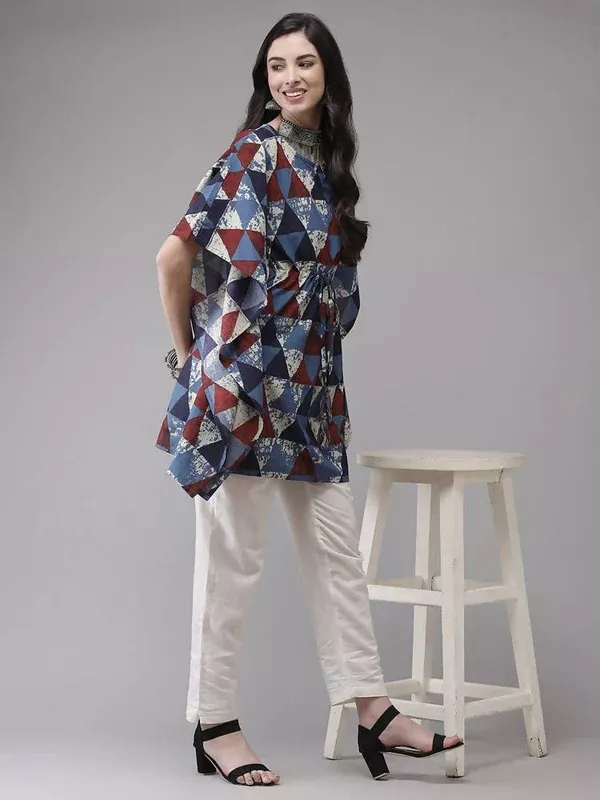 Yufta Blue & Red Geometric Printed Flared Sleeves Kaftan Kurti - S