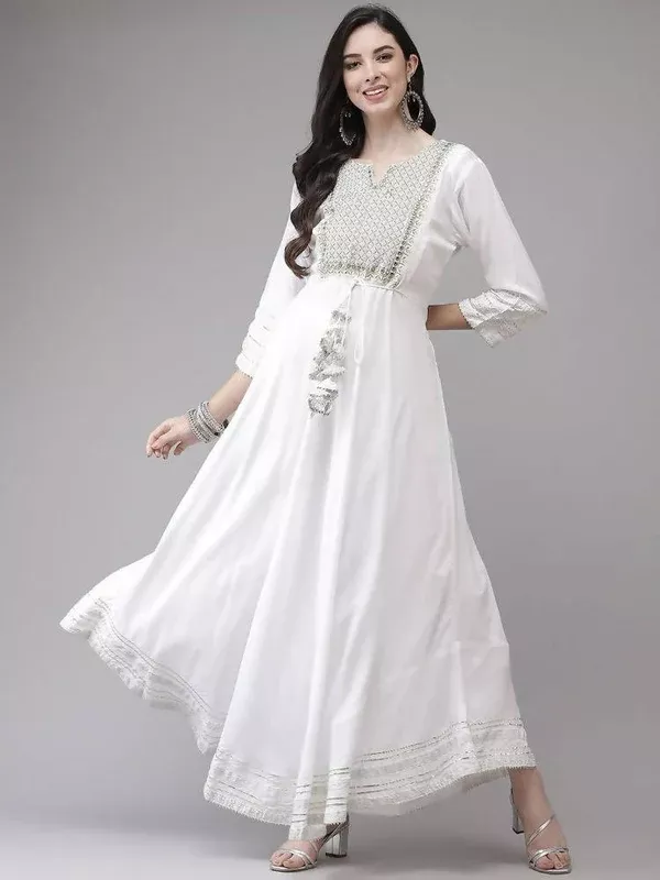 Yufta White Embroidered Ethnic Maxi Dress - M