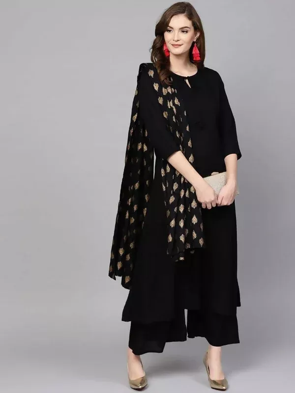 Yufta Women Black Solid Kurta with Palazzo & Dupatta - S