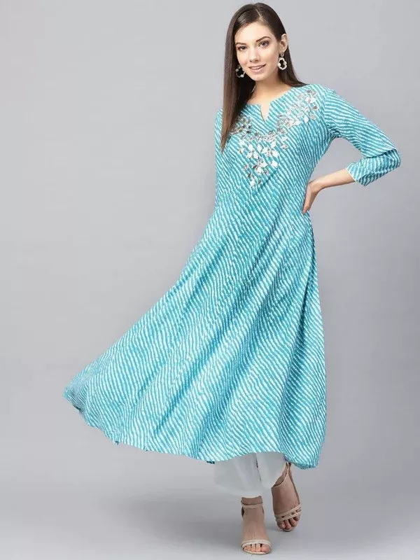 Yufta Women Blue & White Printed Anarkali Kurta - S
