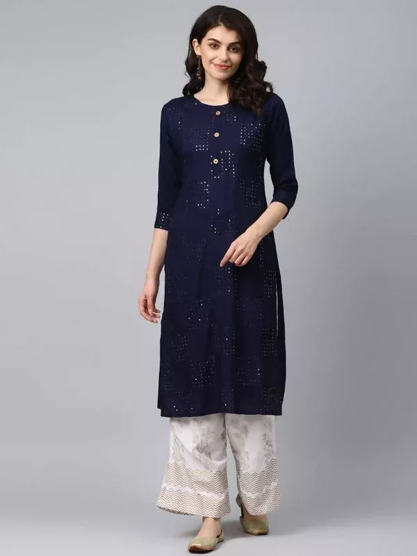 Yufta Women Navy Blue & White Solid Kurta with Palazzo - S