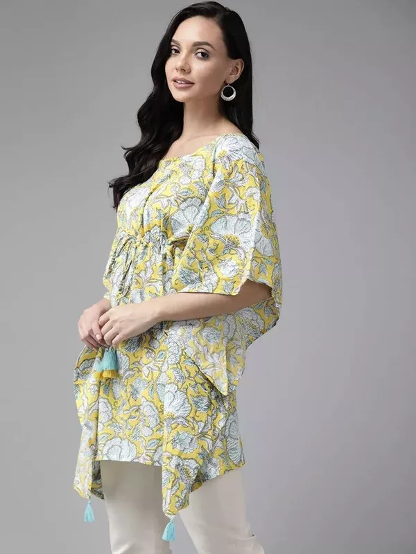 Yufta Women Yellow & Blue Printed Kaftan Kurta - S