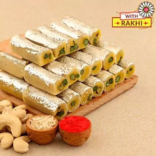 Zardosi Motif Rakhi & Kaju Rolls Box - Combo